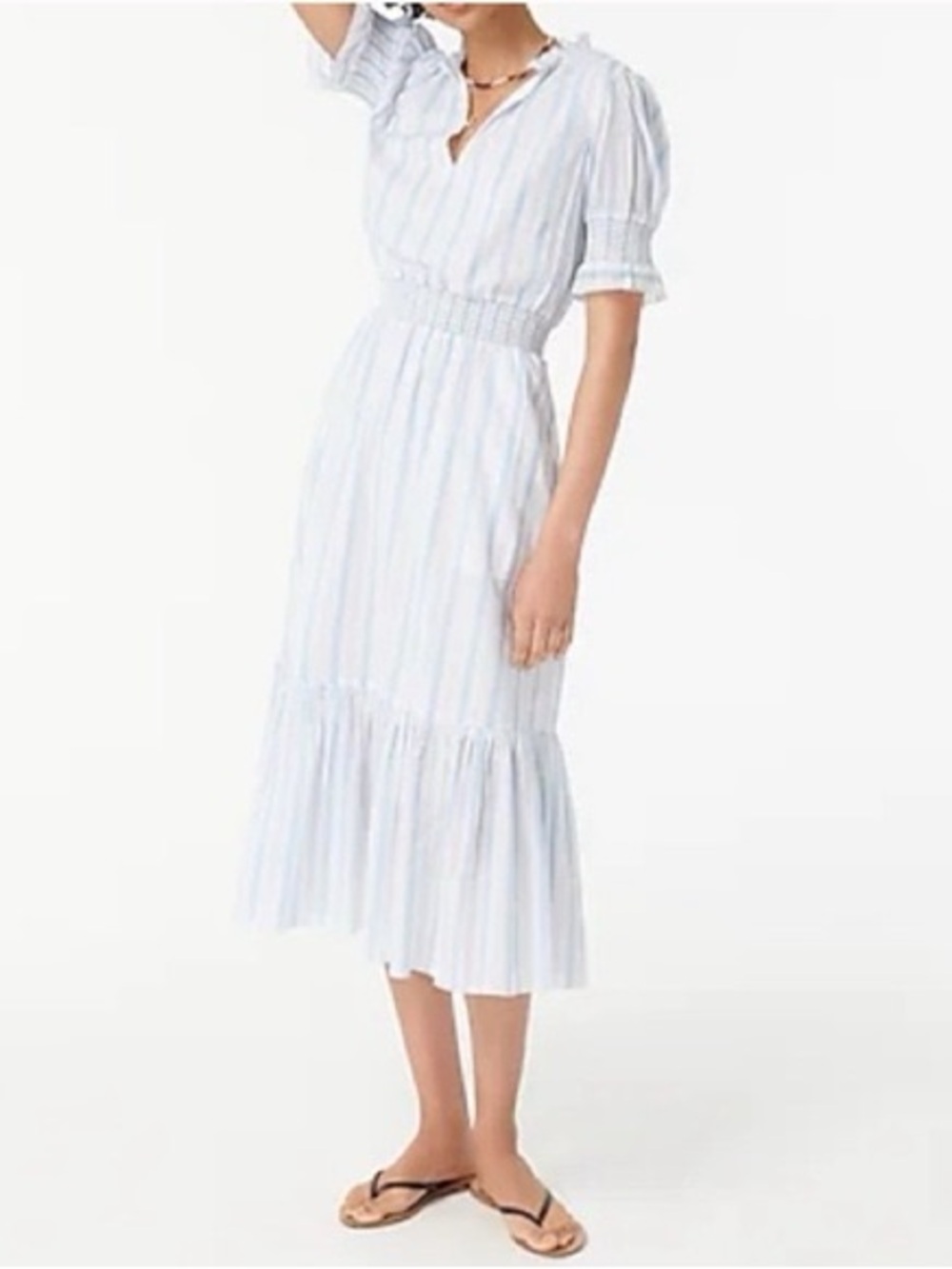 J.Crew Navy & White Stripe MIDI Maxi Shirt Dress Size 2X Ruffle Sleeve Cotton